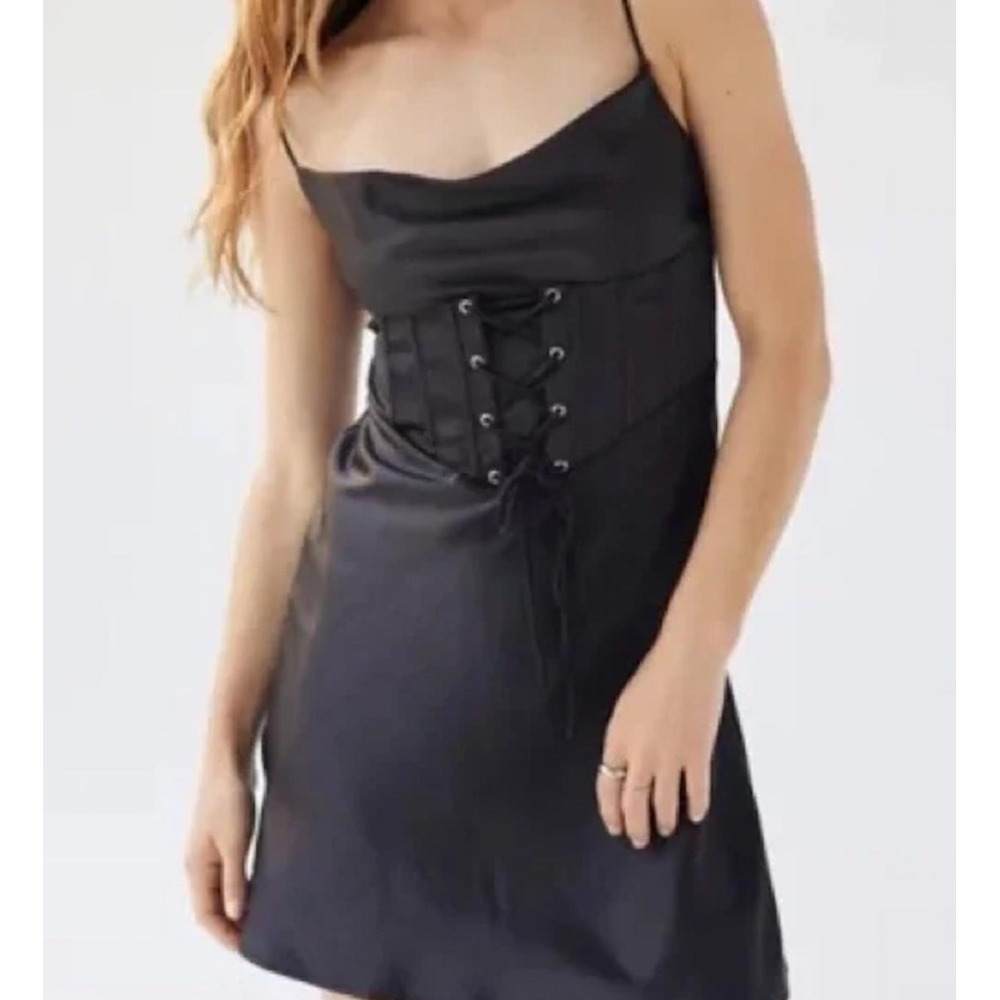 Kiss The Sky Mini Dress Corset Lace Up Small Black Satin Goth Coquette Night Out